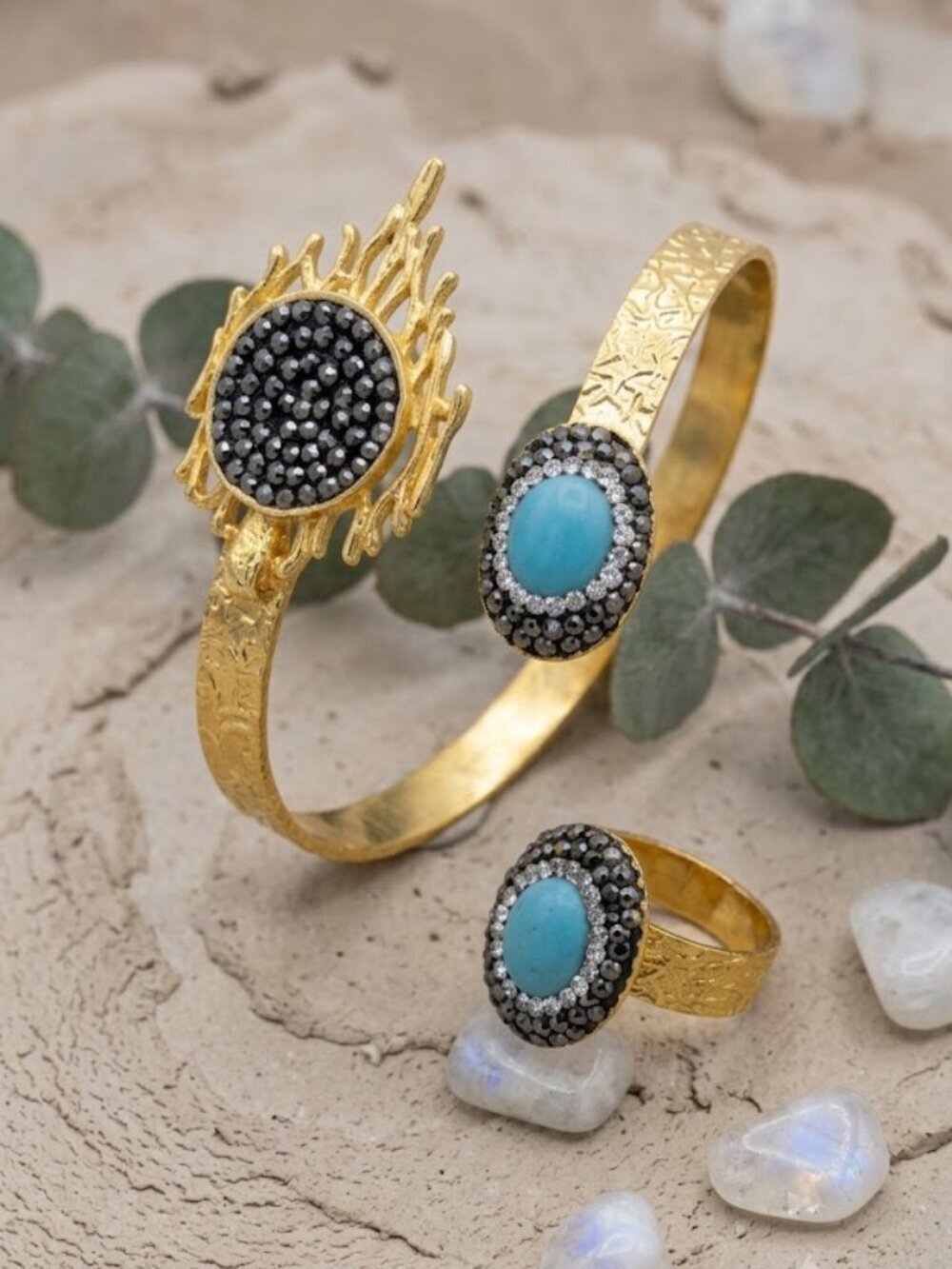 18K Gold Plated Brass Turkish Turquoise Hematite Cuff Ring Set Artisan Sz 8-10